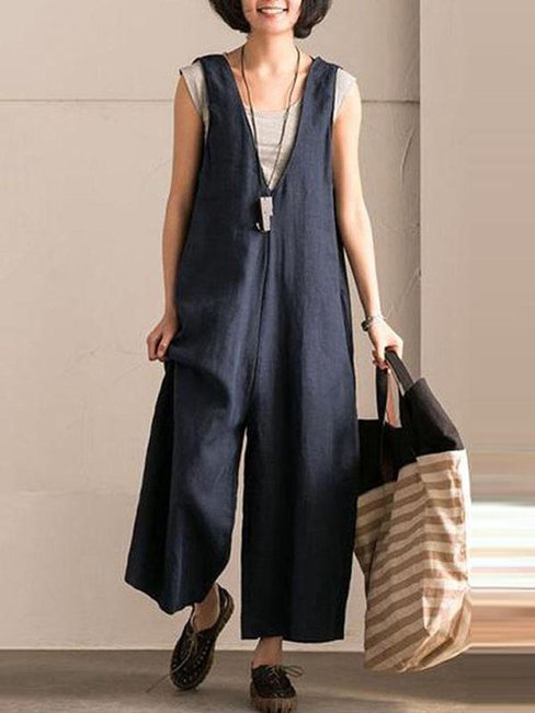 Ankle Length Loose Slow Life Pockets Polyester Pants (Style V102449)