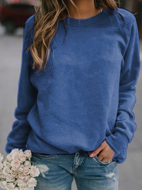 Blue Round Neck Standard Loose Plain Cotton Blends T Shirt (Style ...