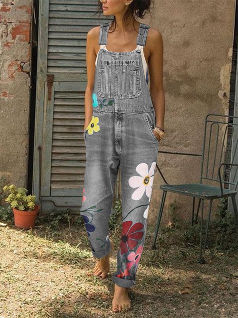 Ankle Length Loose Fashion Pattern Plants Jeans (Style V102465)