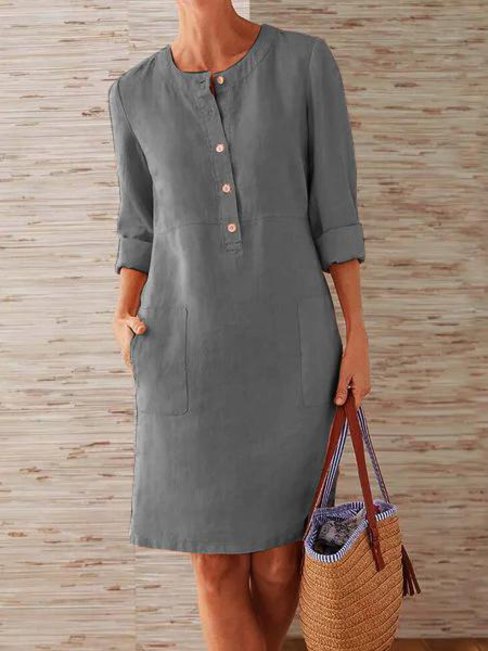 Dark Gray Casual Round Neck Solid Color Button Polyester Midi Dresses ...