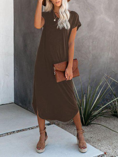 Casual T Shirt V-neck Solid Color Cotton Blends Casual Dresses (Style V102473)