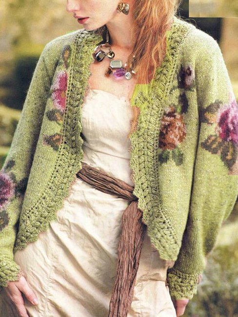 Loose Date Night Plants Cotton Blends Pattern Sweater (Style V102498)