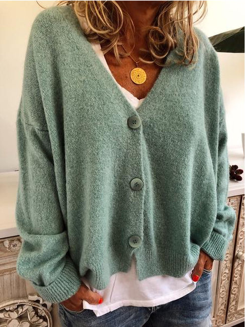 Loose Date Night Plain Knitted Button Sweater (Style V102501)