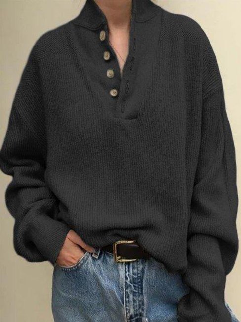 V-neck Midi Plain Knitted Button Sweater (Style V102520)