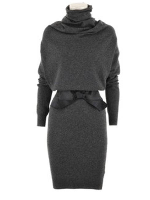 Bodycon Turtleneck Plain Polyester Knee Length Dresses (Style V200017)