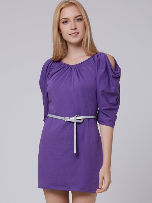 Bodycon Round Neck Plain Ruffle Polyester Bodycon Dresses (Style V200033)