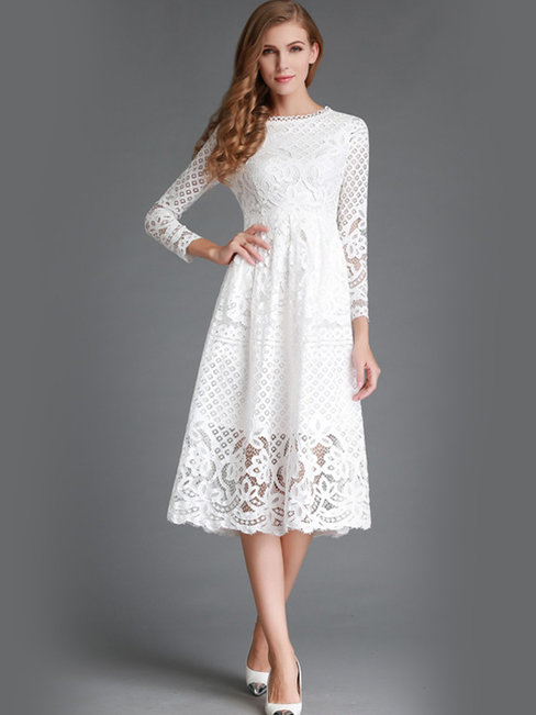 A-line Round Neck Plain Patchwork Lace Midi Dresses (Style V200036)