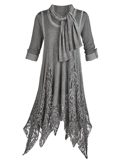 Asymmetrical Round Neck Plain Asymmetrical Cotton Knee Length Dresses (Style V200041)