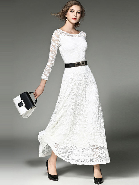 White French Romantic Round Neck Plain Lace Cotton Maxi Dresses (Style ...