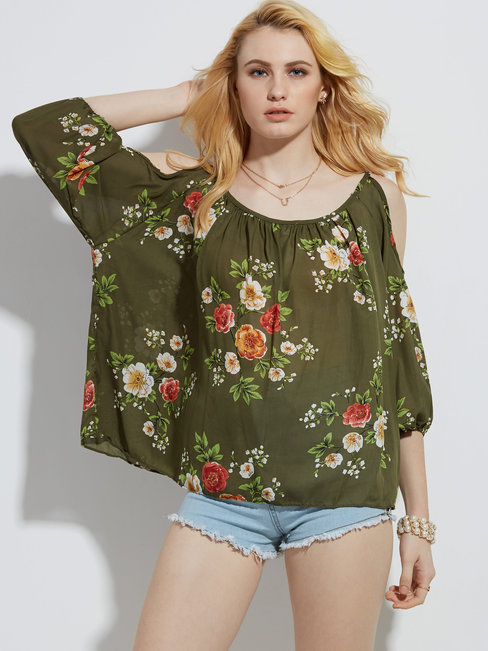 Off The Shoulder Standard Loose Floral Pattern Blouse (Style V200108)