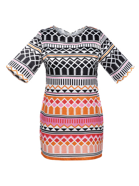 Straight Round Neck Geometric Print Polyester Knee Length Dresses (Style V200133)