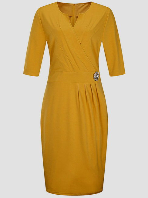 Pencil V-neck Plain Ruffle Midi Dresses (Style V200135)