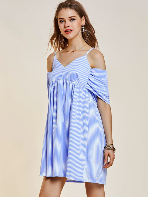 A-line Spaghetti Strap Striped Backless Cotton Blends Mini Dresses (Style V200150)