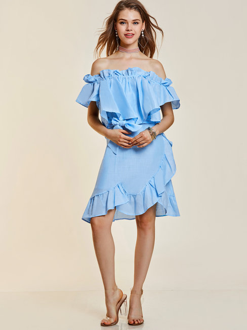 Asymmetrical Off The Shoulder Plain Backless Cotton Knee Length Dresses (Style V200152)