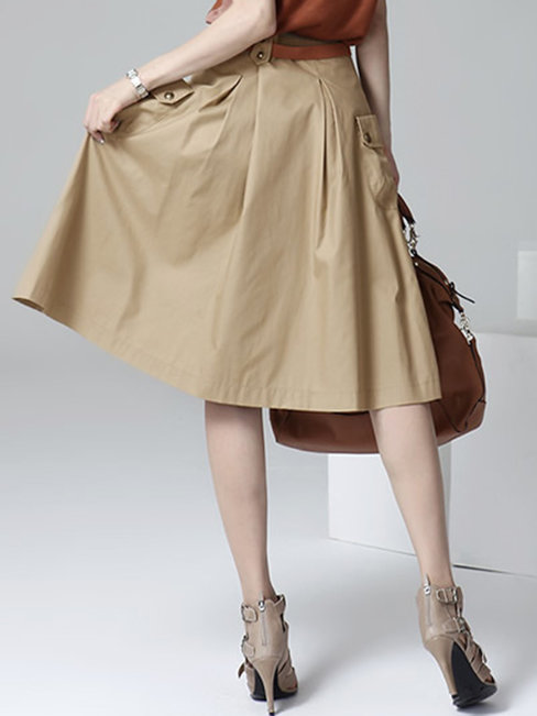 Khaki Knee Length A-line Patchwork Cotton Plain Skirt (Style V200168 ...