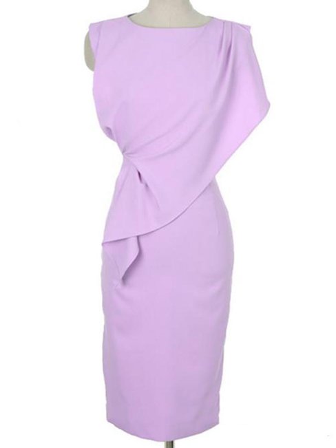 Bodycon Round Neck Plain Asymmetrical Polyester Knee Length Dresses (Style V200177)