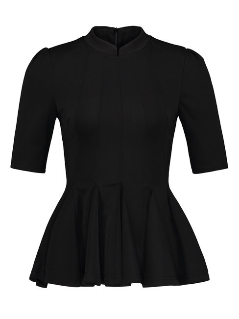 Stand Collar Slim Plain Polyester Cascading Ruffle Blouse (Style V200228)