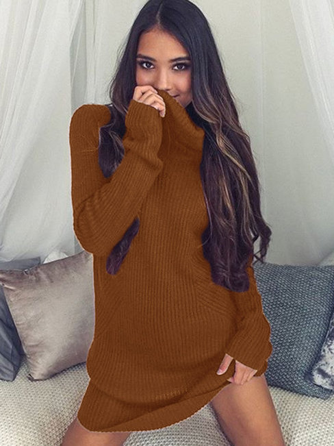 Straight Turtleneck Plain Patchwork Mini Dresses (Style V200252)