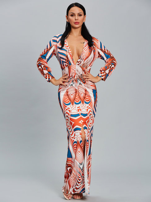 Bodycon V-neck Geometric Ruffle Bodycon Dresses (Style V200260)