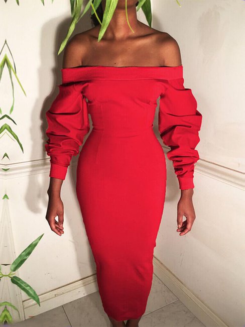 Pencil Off The Shoulder Plain Backless Midi Dresses (Style V200274)