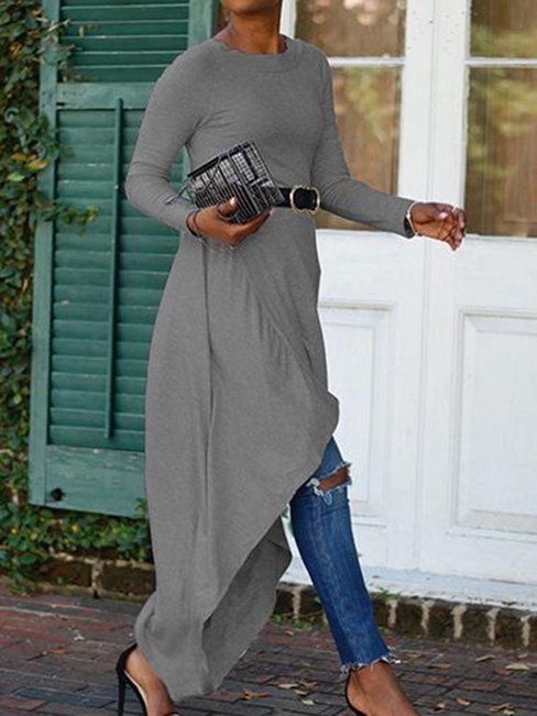 Round Neck Long Slim Plain Asymmetrical T Shirt (Style V200280)