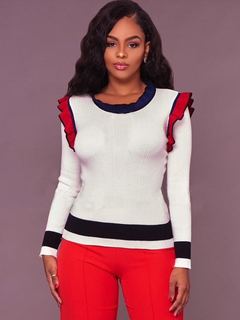 Round Neck Standard Slim Color Block Patchwork Sweater (Style V200314)
