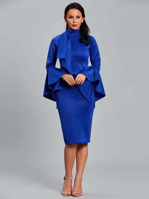 Bodycon Turtleneck Plain Patchwork Polyester Bodycon Dresses (Style V200320)