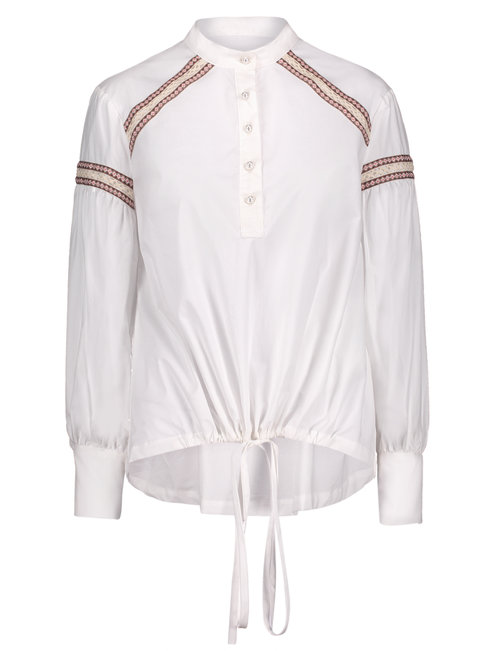 Stand Collar Standard Straight Cotton Patchwork Blouse (Style V200344)