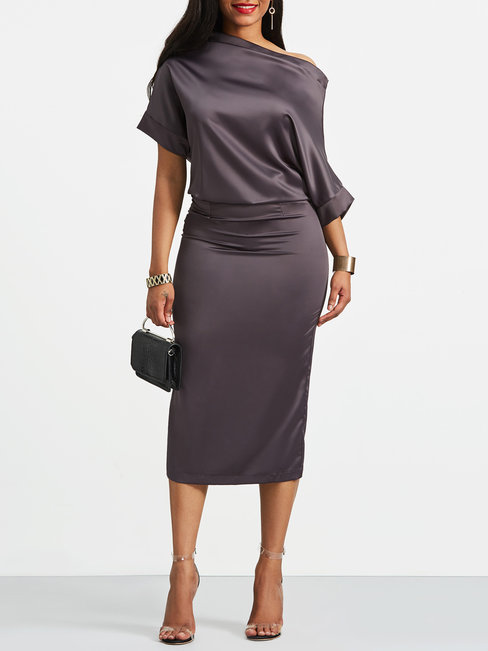 Straight Off The Shoulder Plain Midi Dresses (Style V200354)