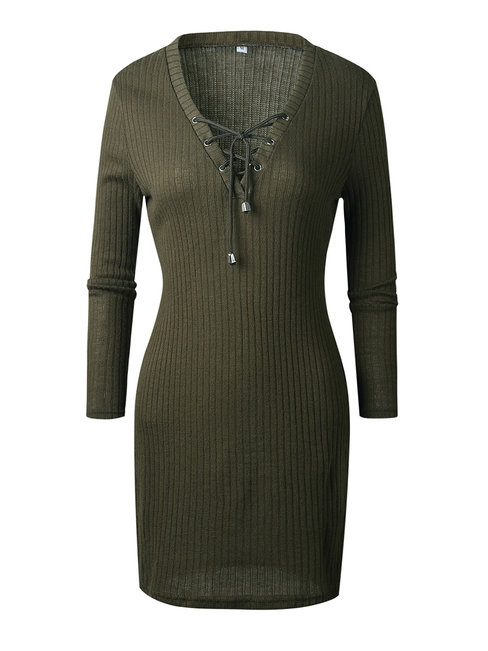 Bodycon V-neck Plain Patchwork Polyester Knee Length Dresses (Style V200364)