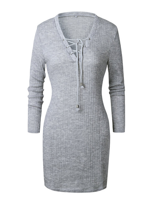 Bodycon V-neck Plain Patchwork Polyester Knee Length Dresses (Style V200364)