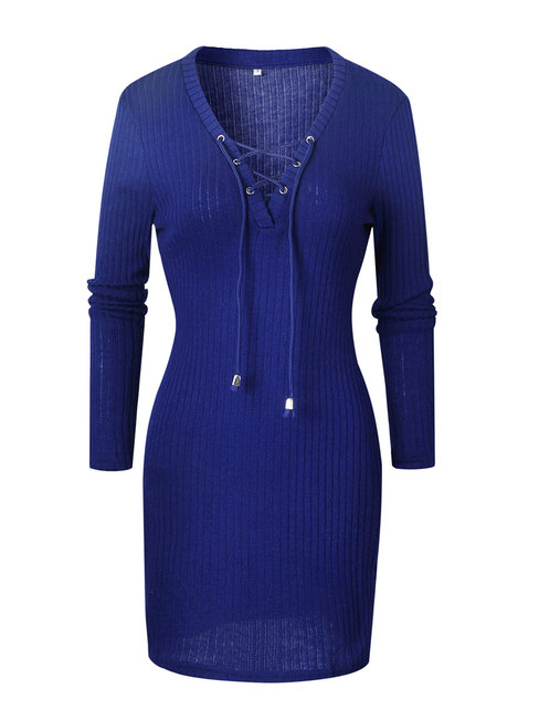 Bodycon V-neck Plain Patchwork Polyester Knee Length Dresses (Style V200364)