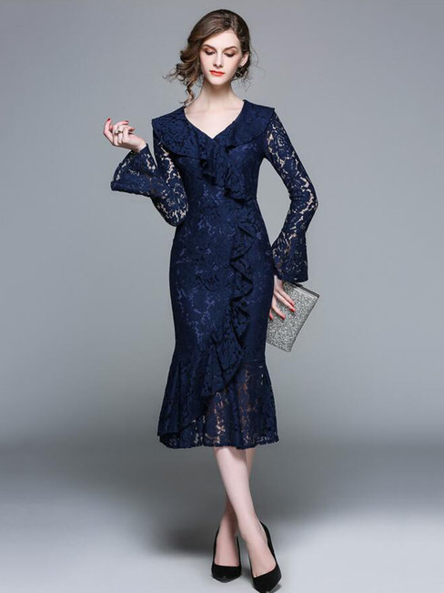 Mermaid V-neck Lace Midi Dresses (Style V200410)