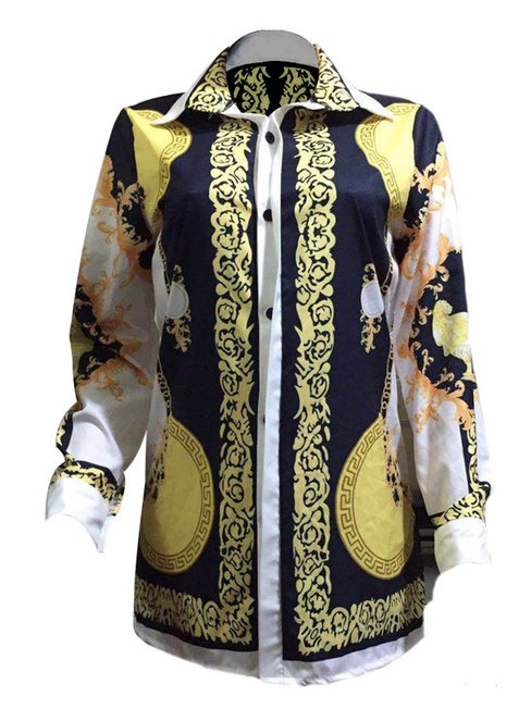 Shawl Collar Midi Straight Pattern Blouse (Style V200434)