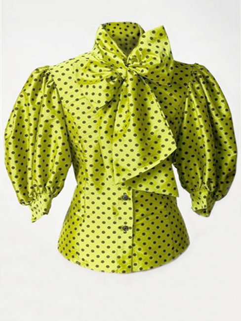 Standard Slim Polka Dot Bow Blouse (Style V200463)