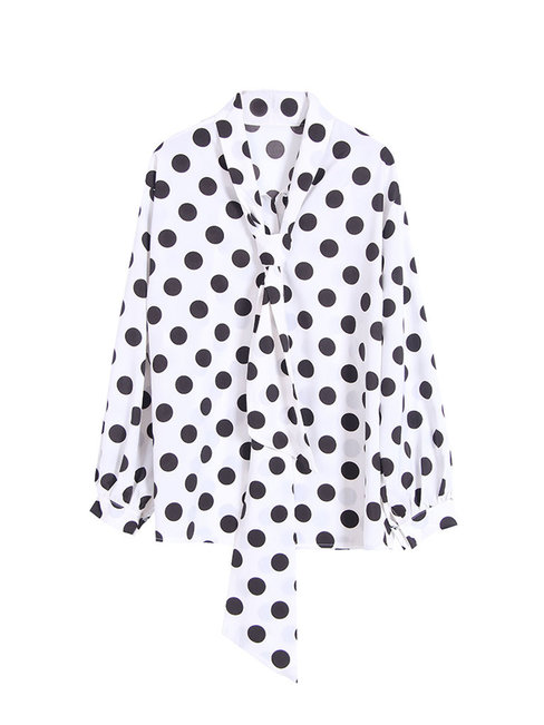 Midi Straight Polka Dot Cotton Blends Asymmetrical Blouse (Style V200476)
