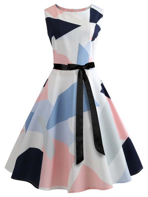 Trumpet Round Neck Geometric Print Knee Length Dresses (Style V200484)