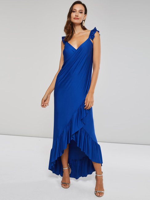 Asymmetrical V-neck Plain Asymmetrical Maxi Dresses (Style V200503)