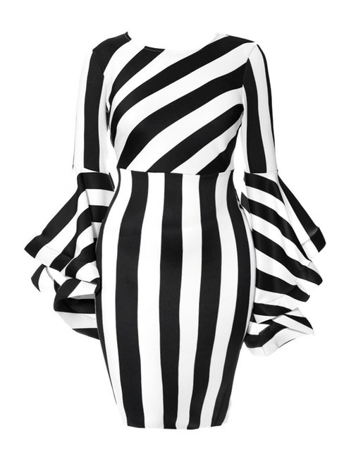 Work Bodycon Round Neck Striped Patchwork Knee Length Dresses (Style V200507)