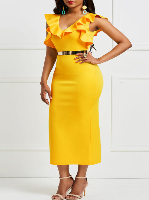 Work Bodycon V-neck Plain Patchwork Work Dresses (Style V200523)