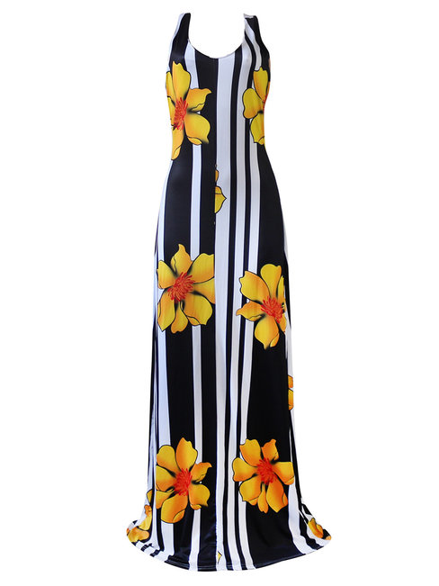 Straight Striped Print Maxi Dresses (Style V200531)