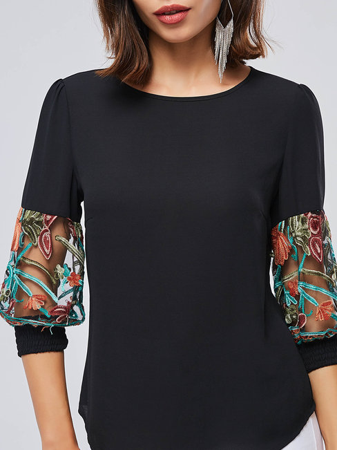 Round Neck Standard Loose Plain Polyester Blouse (Style V200543)