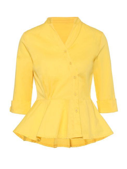V-neck Standard Loose Plain Asymmetrical Blouse (Style V200576)