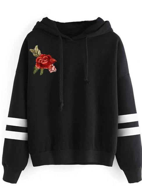 Black Hooded Standard Loose Striped Embroidered Hoodie (Style V200617 ...