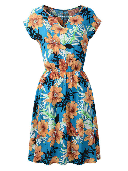 Western A-line Round Neck Floral Print Mini Dresses (Style V200641)