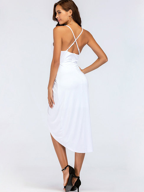 Sexy Asymmetrical Spaghetti Strap Plain Asymmetrical Midi Dresses (Style V200673)