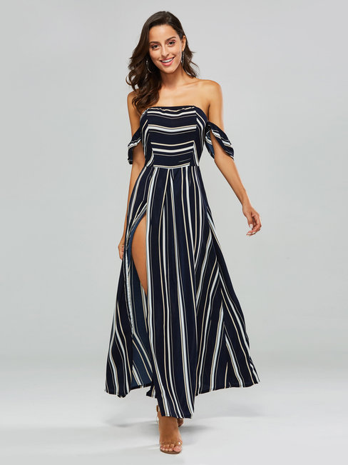 A-line Striped Cut Out Polyester Maxi Dresses (Style V200675)