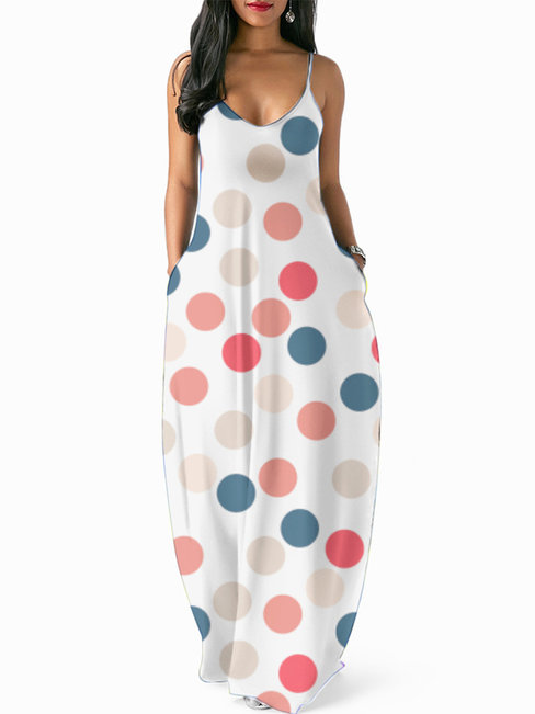 Beach A-line Spaghetti Strap Polka Dot Print Maxi Dresses (Style V200690)