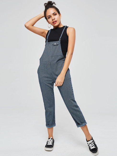 Mid-Calf Loose Casual Plain Suspenders Jumpsuit (Style V200691)