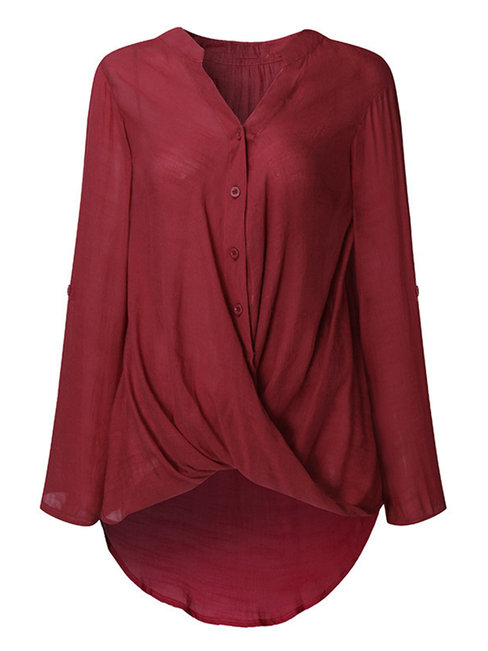V-neck Midi Loose Plain Cotton Blouse (Style V200701)